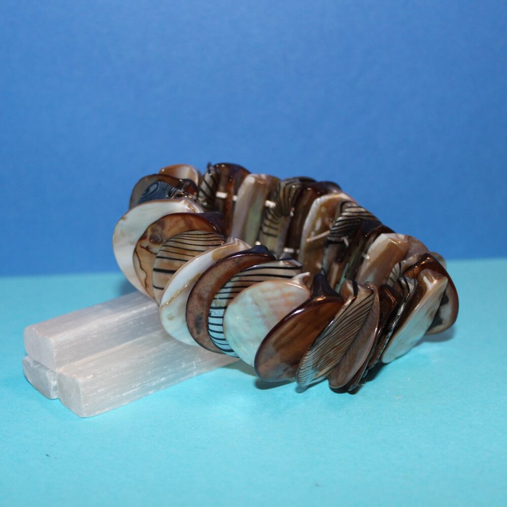 Vintage Brown Tones Half Circles Mother of Pearl Abalone Shell Stretch Bracelet